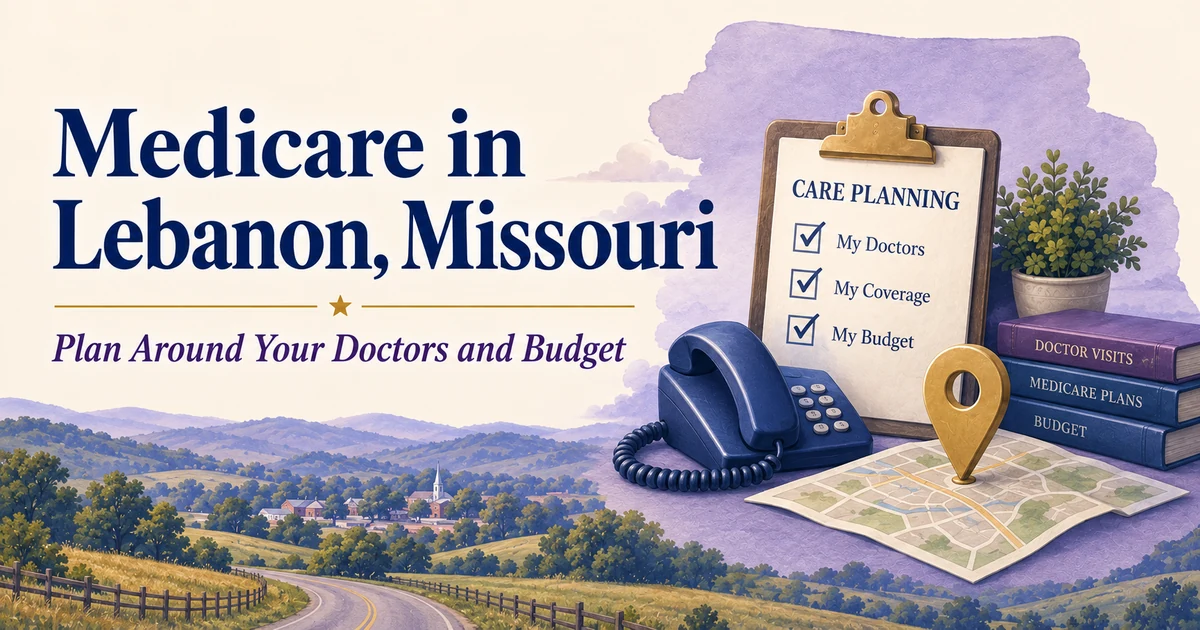 Medicare in Lebanon, Missouri: Local Care and Coverage Choices — illustrated Medicare guide in navy, cream, lavender and gold.