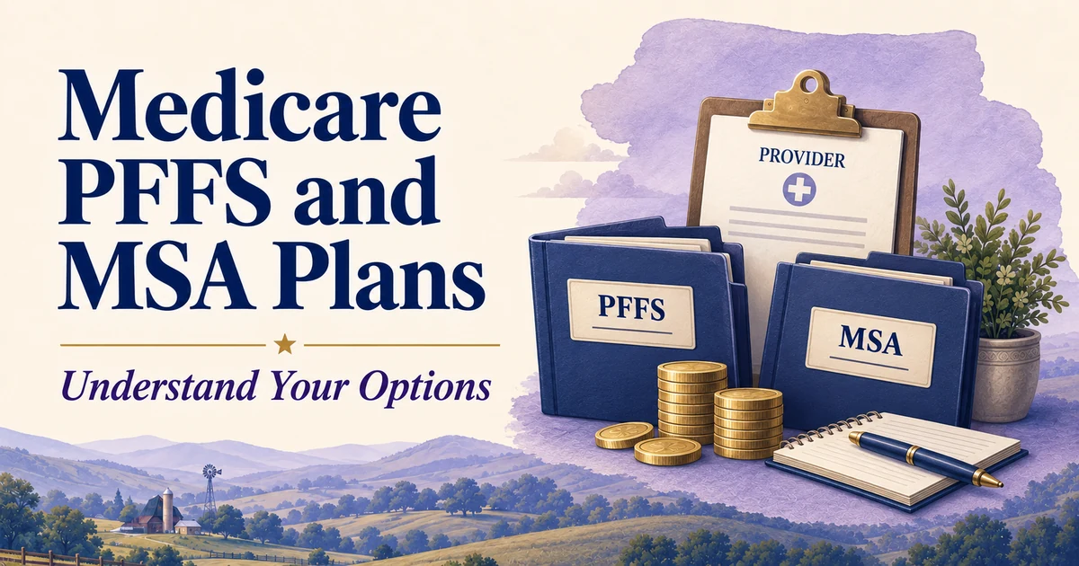 Medicare PFFS and MSA Plans: How These Less Common Options Work — illustrated Medicare guide in navy, cream, lavender and gold.