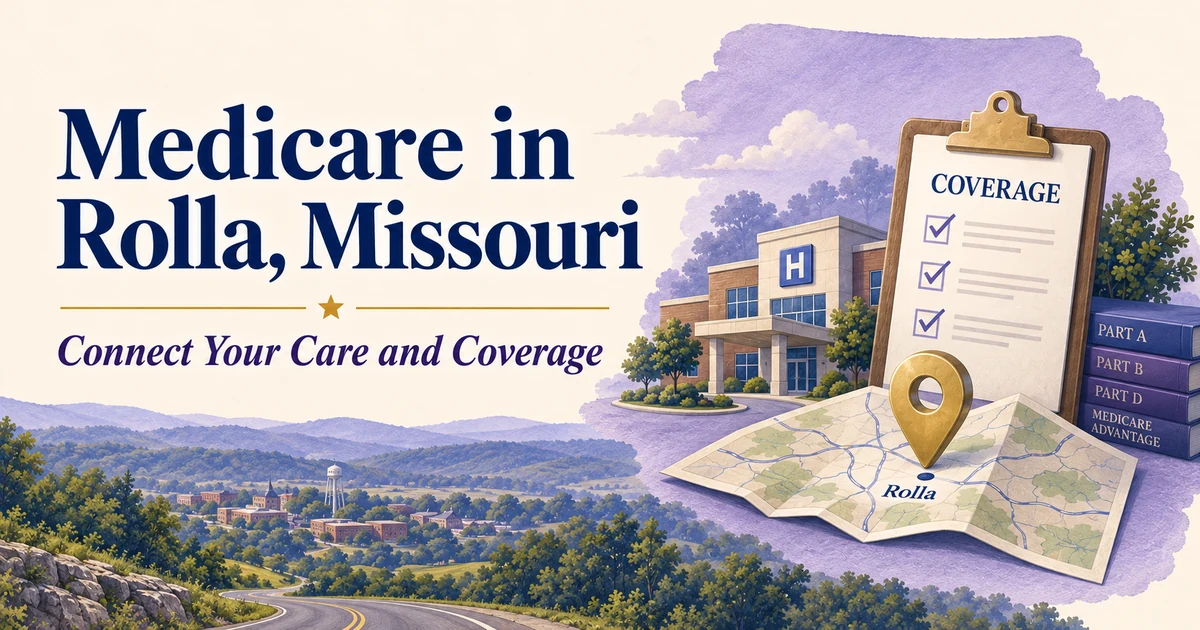 Medicare in Rolla, Missouri: Local Care and Coverage Choices — illustrated Medicare guide in navy, cream, lavender and gold.