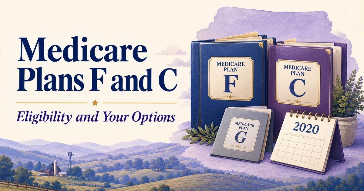 Medicare Supplement Plans F and C: Eligibility and Premium Considerations — illustrated Medicare guide in navy, cream, lavender and gold.
