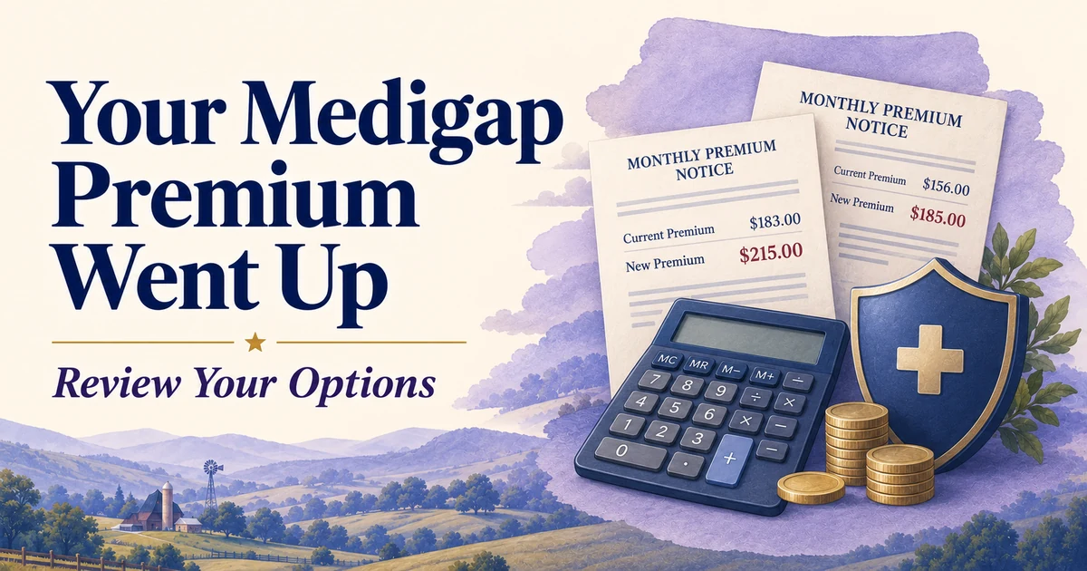My Medicare Supplement Premium Went Up: What Can I Do? — illustrated Medicare guide in navy, cream, lavender and gold.