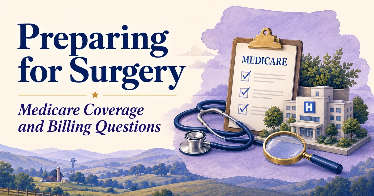 Preparing for Surgery: Medicare Coverage and Billing Questions — illustrated Medicare guide in navy, cream, lavender and gold.
