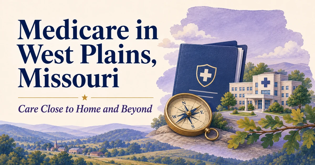 Medicare in West Plains, Missouri: Local Care and Coverage Choices — illustrated Medicare guide in navy, cream, lavender and gold.