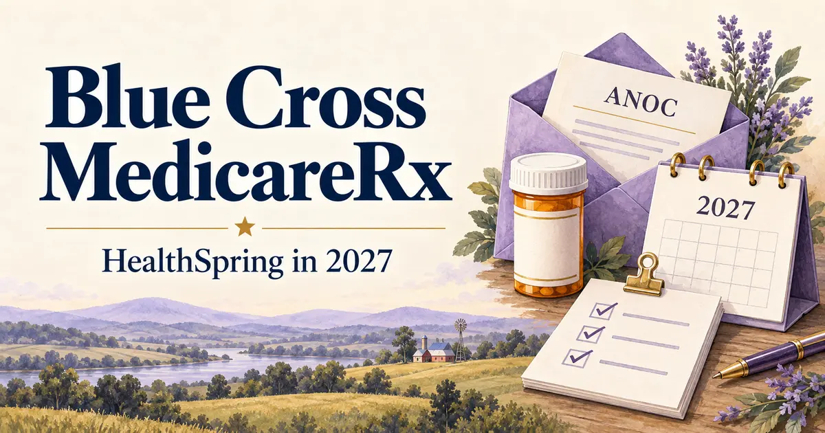 Blue Cross MedicareRx transition to HealthSpring in 2027, illustrated with prescription and plan-review materials.